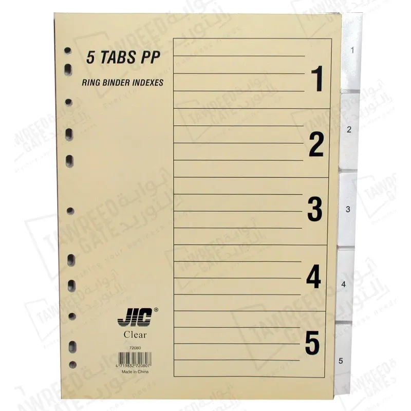 فواصل فهرس JIC مقاس A4 علامات تبويب شفافة من 1 إلى 5 (كرتونة 30 قطعة)